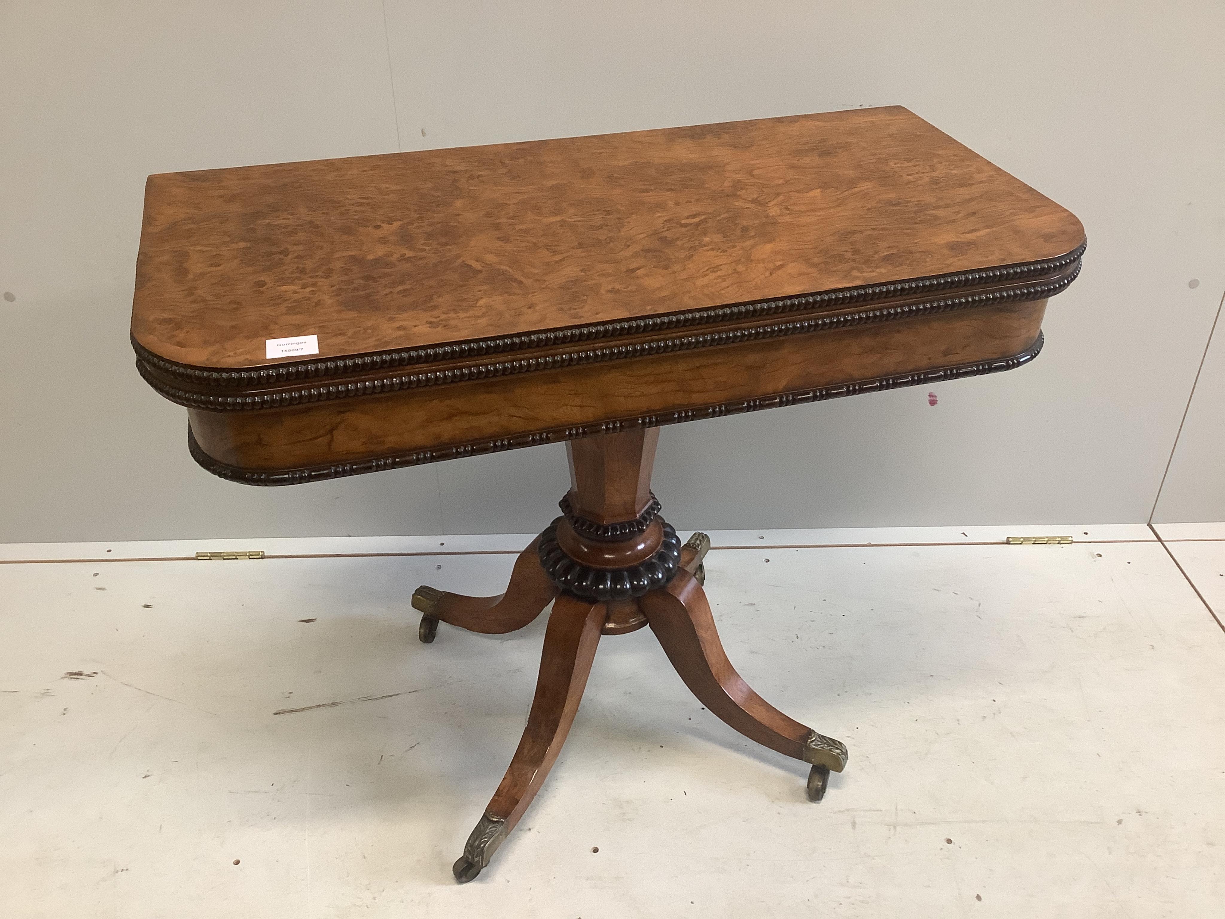 A Regency pollard oak rectangular folding card table, width 92cm, depth 45cm, height 72cm. Condition - good